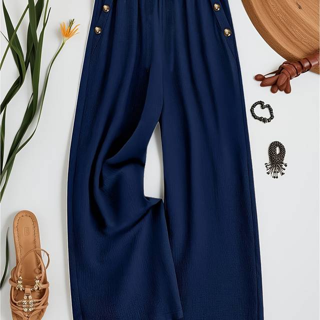 TEMU Women's Plus Size Wide Leg Pants With Decorative Buttons, Elastic Waistband, Pockets, Solid Color, Casual Straight Design, | Plus Size Clothing