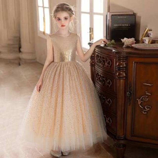 SHEIN Girls&#39; Champagne Color Sequin Elegant Dress, Tulle Ball Gown For Birthday Wedding Evening Party