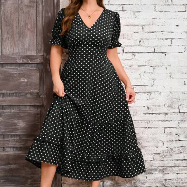 SHEIN Plus Size Elegant V-Neck Puff Sleeve Polka Dot Waist Dress