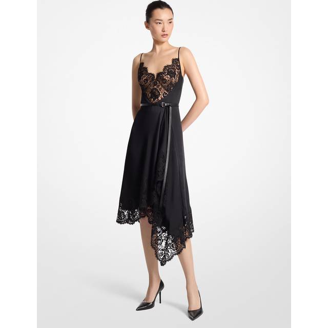MK Lace Trim Satin Charmeuse Asymmetric Slip Dress - Black - Michael Kors - UK 8