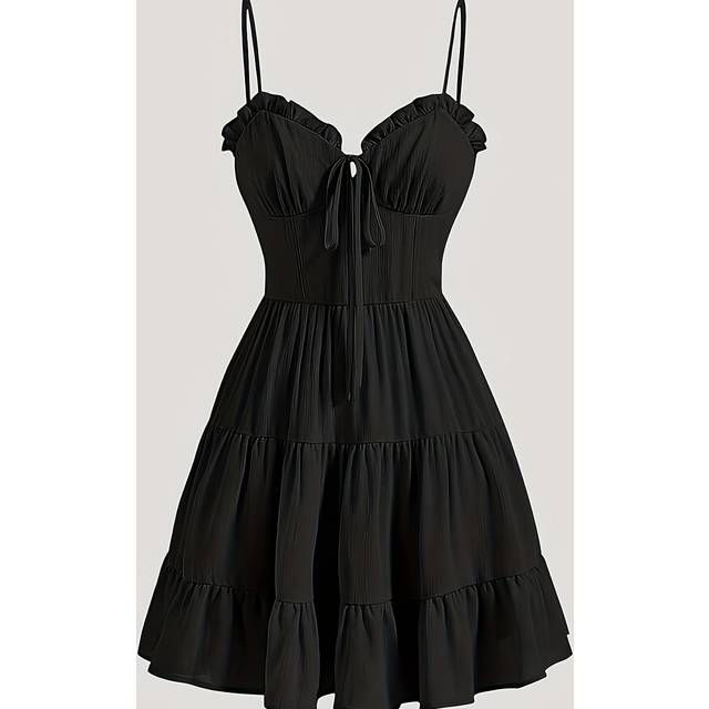 TEMU Elegant Solid Color Black Lace-up Cami Dress For Women - Sleeveless, Fitted Bodice With Flared Skirt, Machine Washable, Spring/summer/fall, Tight Fitted Dress