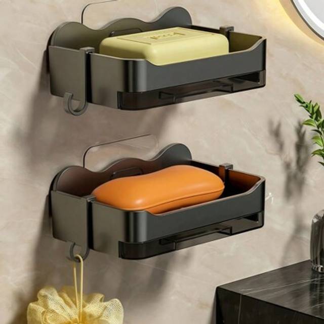 SHEIN 1PC/2PCS Gray Soap Dish With Drain Rack - 13x8cm No Drill Self Adhesive Wall Mounted Soap Holder For Bathroom Kitchen Dorm, Space Saving Organizer Wit