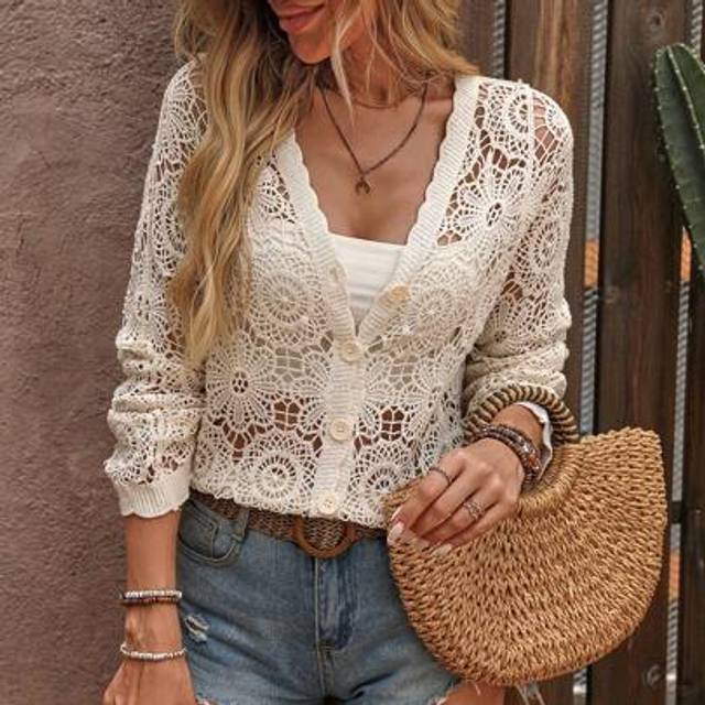 SHEIN Vacation Style Casual Lace Patchwork Semi-Sheer Button V-Neck Long Sleeve Cardigan