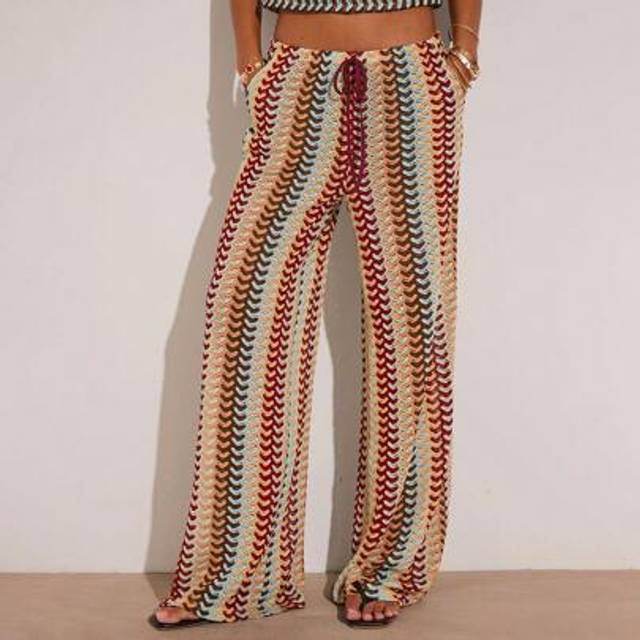 SHEIN Women&#39;s Crochet Colorful Striped Low Rise Loose Wide Leg Pants, Suitable For Summer/Summer Wear/, Beach Vacation/South France Vacation/Italy Holiday/C