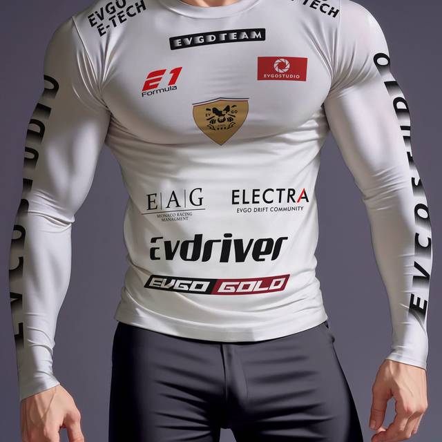 TEMU Men's High-stretch Long Sleeve Round Neck T-shirt With Racing Print, Fitness And Sports Fashion, Polyester And Spandex