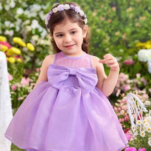 SHEIN Babygirl Summer Cute Elegant Purple Organza Bow Loose Dress