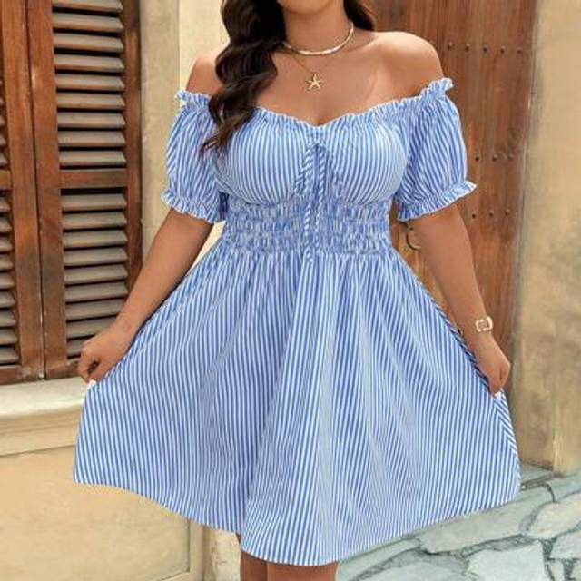 SHEIN Plus Size Off-Shoulder Striped Print Summer Vacation Dress, Mother Day Outfit, Vacation Outfits Woman, Rave Outfit, Western Wear Women Plus Women Shor