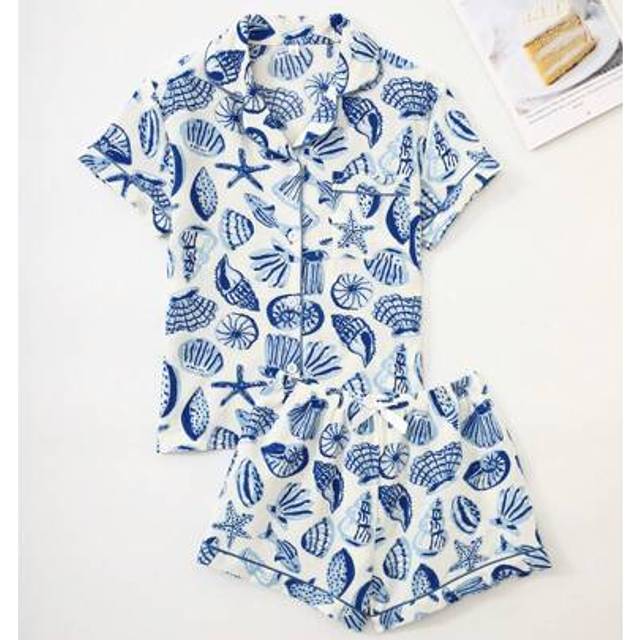 SHEIN 2pcs/Set Women&#39;s Blue Shell Print Summer Pajamas, Short Sleeve Button-Up Collared Shirt And Bowknot Shorts, Casual Loungewear For Spring & Summer