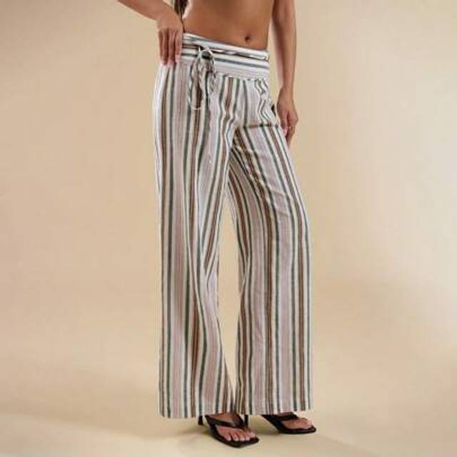 SHEIN Women&#39;s Italian Beach Holiday Casual Colorblock Striped Wide Leg Low Waist Linen Trousers, Ibiza Outfit, Casual Pants, Business Casual