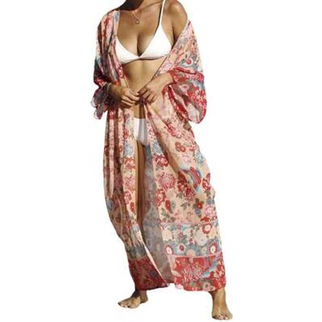 SHEIN Women&#39;s Bikini Cover-Up Kimonos Robe Floral Print Long Sleeve Cardigans For Summer
