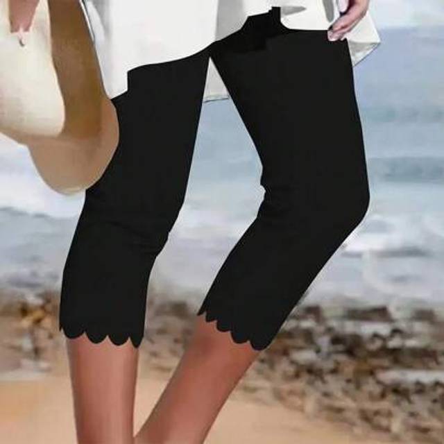 SHEIN Women&#39;s Casual Capri Leggings, Solid Color Knit Polyester With Asymmetrical Hem Stretchy Waistband, Suitable For Spring/Summer, Basic Tight Pants For