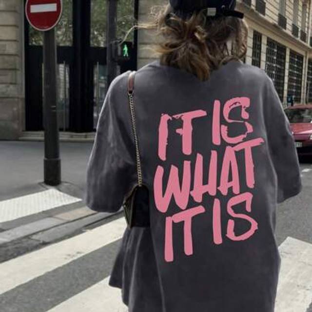 SHEIN Women&#39;s Casual Oversized T-Shirt - &#34;It Is What It Is&#34; Letter Print, Loose Round Neck, Double-Sided Graphic Design, Short Sleeve, Dark Grey, Suitable F