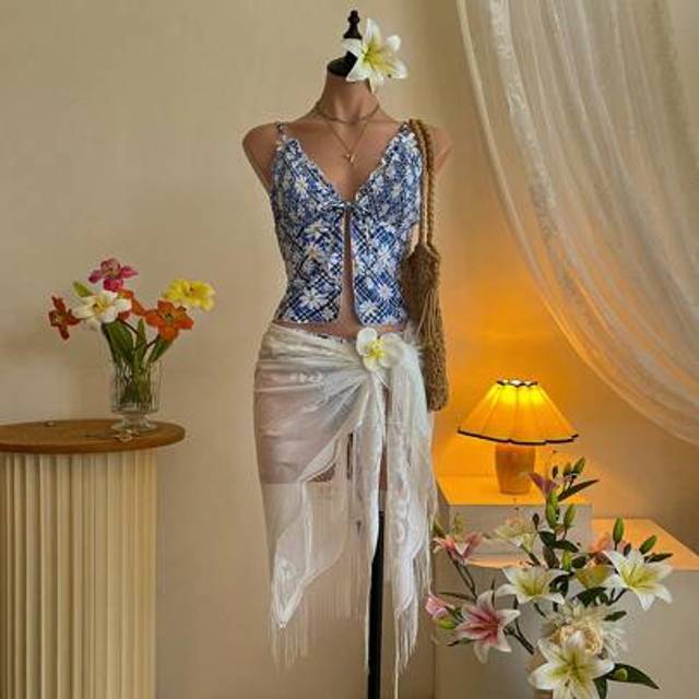SHEIN Bow-Tied Front Wrap Blue & White Plaid Floral Halter Bikini Set