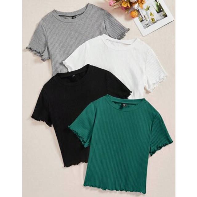 SHEIN 4 Pcs/Set Plus Solid Color Knitted Women Short Sleeve T-Shirt