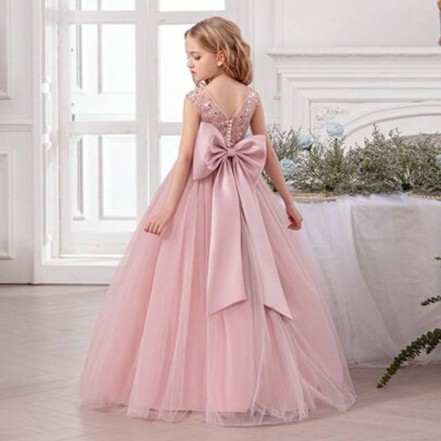 SHEIN Tween Girl Elegant Pink Dress With Bow, Floral Girls Formal Gown Suitable For Wedding, Party, Birthday, Communion, And Other Special Occasions