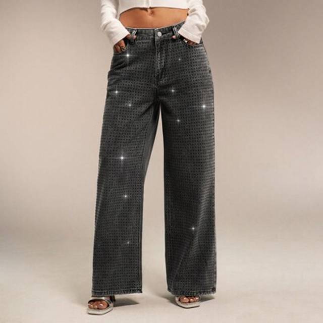 SHEIN Vintage Wash Scattered Diamante Detail Straight Leg Jeans Spring Outfits Mid Rise Jeans Festival Outfits Summer Bottoms Rhinestone Jeans