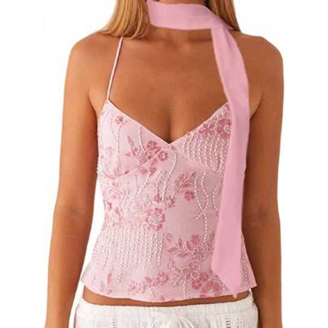 SHEIN Women Camisoles Sequins Beaded Flower Embroidery V-Neck Casual Tank Tops Summer Fashion Sleeveless Tops With Choker Scarf
