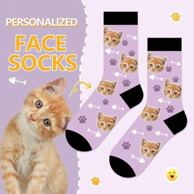 SHEIN 1 Pair Of Women&#39;s Medium Length Socks, Customized Cat Face Socks, Personalized Pet Face Socks, Customized Fun Round Neck Socks With Photos As Gifts Fo