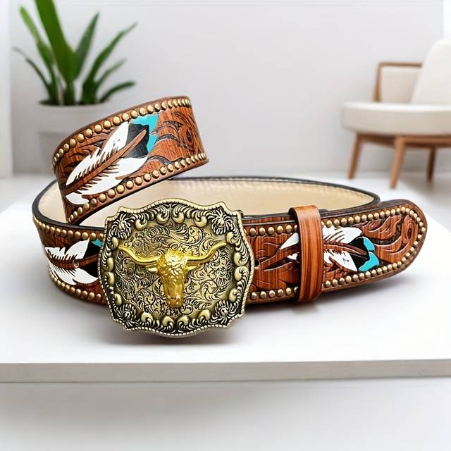 TEMU Stylish Western Cowboy Belt With Intricate - Jeans And Dresses, Ideal Christmas Gift For Men, Western Belt