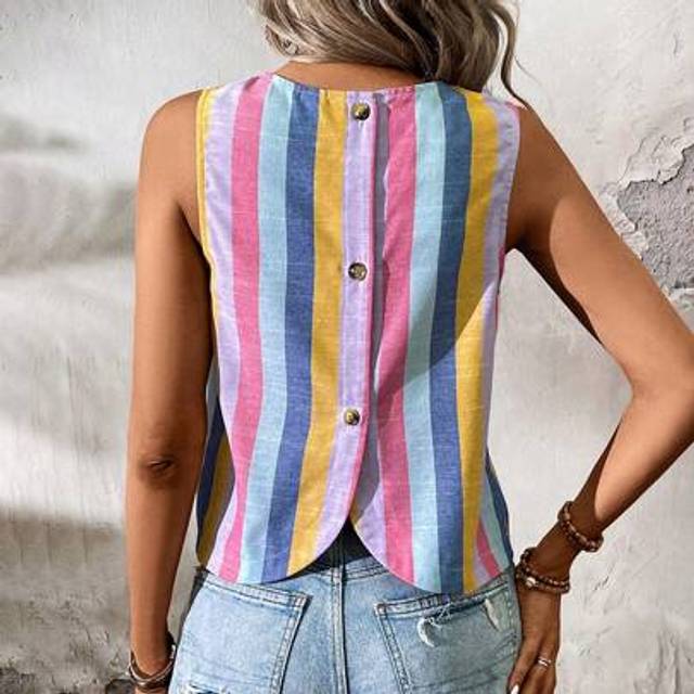 SHEIN Women&#39;s Striped Sleeveless Crop Top With Back Slit Shirt