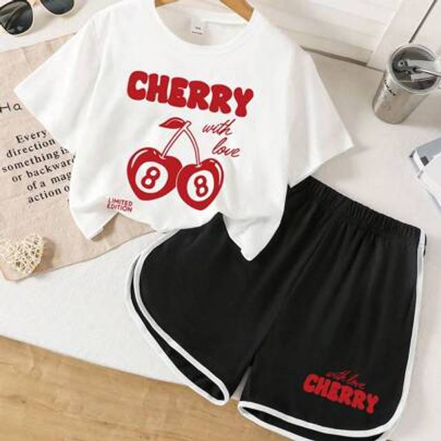 SHEIN 2 Pieces Tween Girl Letter Slogan & Cherry Number 8 Print Peter Pan Collar Short Sleeve Crop Top & Sports Shorts Set, Spring/Summer For Girls