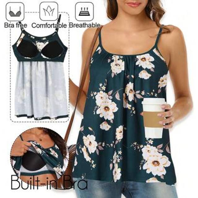 SHEIN Camisoles For Women With Built In Bra Adjustable Strap Tank Tops Cami Sleeveless Summer Tops For Workout Sleeping Traveling Summer Tops Basic Tops
