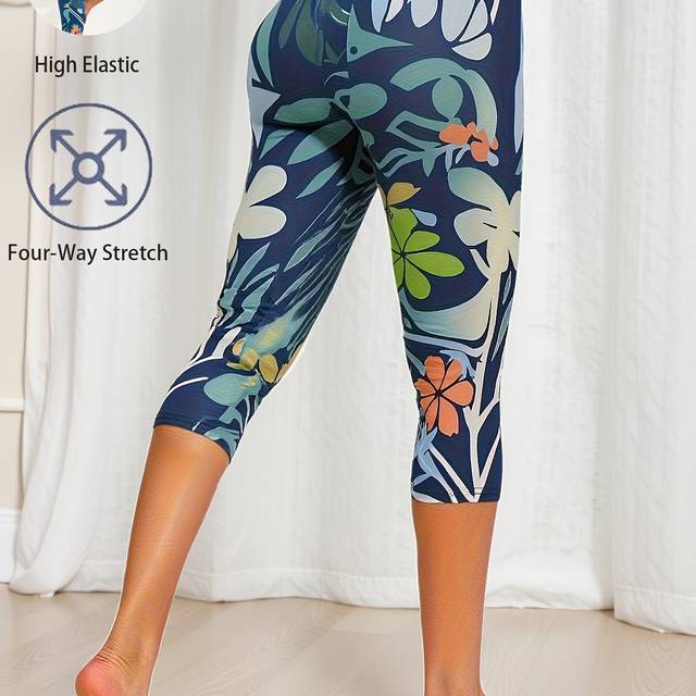 TEMU Women's High-elastic Floral Print Capri Leggings - Stretchy, Breathable Yoga & Fitness Pants With Stretch, Vibrant Plant Designs For Spring/summer, Summer Leggings | Capri Leggings | Stretch