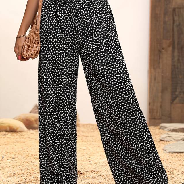 TEMU Women's Elegant Casual Smocked Waist Black & White Floral Print Wide-leg Pants - Machine Washable Non-stretch Trousers For Casual Attire, Summer Fashion, Nonstretch Fabric