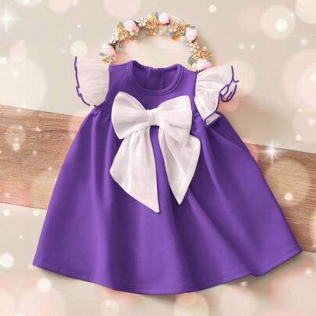 SHEIN Newborn Baby Girl Cute & Elegant Purple Bow Decor Cap Sleeve Dress
