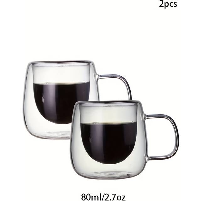 TEMU 1/2/4pcs Double-walled Glass Cups Insulated Transparent Double Layer Coffee Mugs Handmade With Handle, Suitable For Coffee, Latte, Milk Tea, Hot And Cold Drinks, Family Gathering 80ml/2.7oz