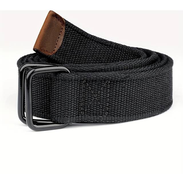 TEMU Plus Size Men' Webbing Double Ring Black Belt - Suitable For Commuting, Sports, And Casual Wear