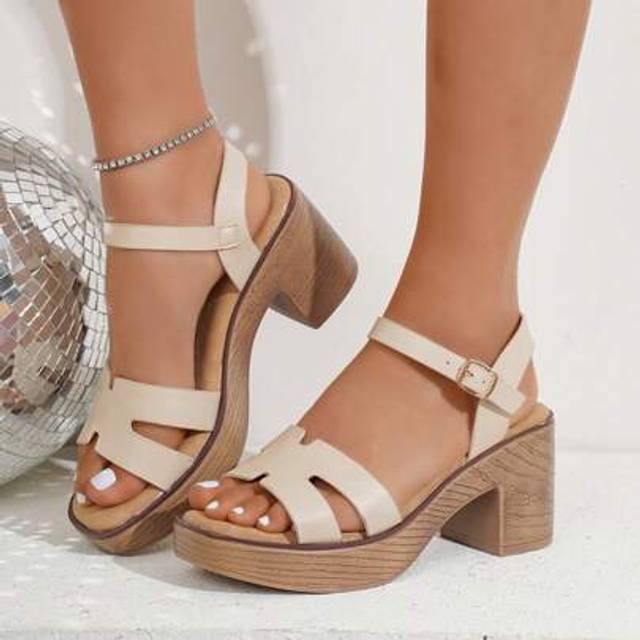 SHEIN High Heel Sandals For Women, Thick Platform Chunky Heels, Wooden Grain Sole Design, Solid Color Upper, Suitable For Young Women, Home, Shopping, Commu