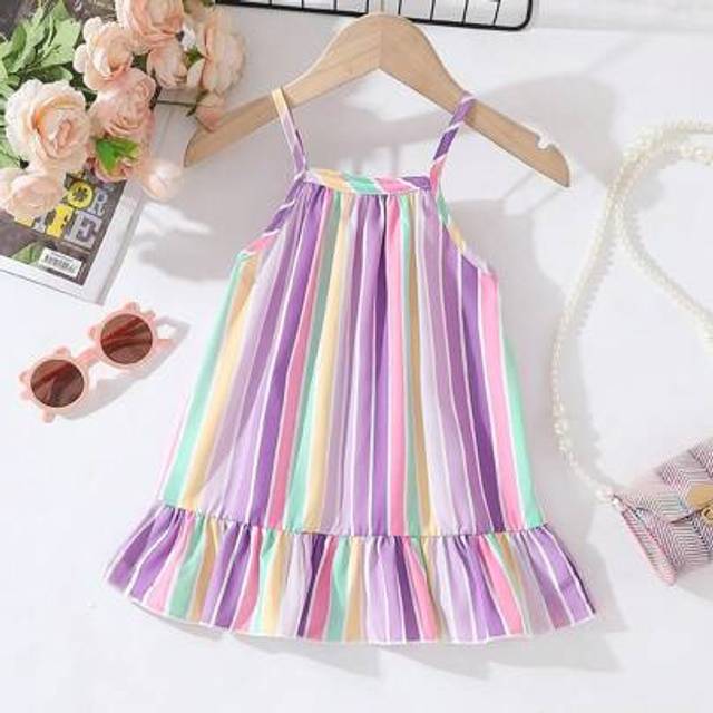 SHEIN Baby Girl Summer Korean Style Casual Cute Multi-Color Striped Print Woven Dress