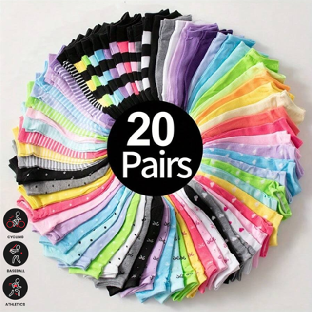 SHEIN Sports Outdoor 10/20 Pairs Chic & Comfortable Women&#39;s Ankle Socks: Heart & Stripe Prints, Durable Knit Fabric - Ideal Gift