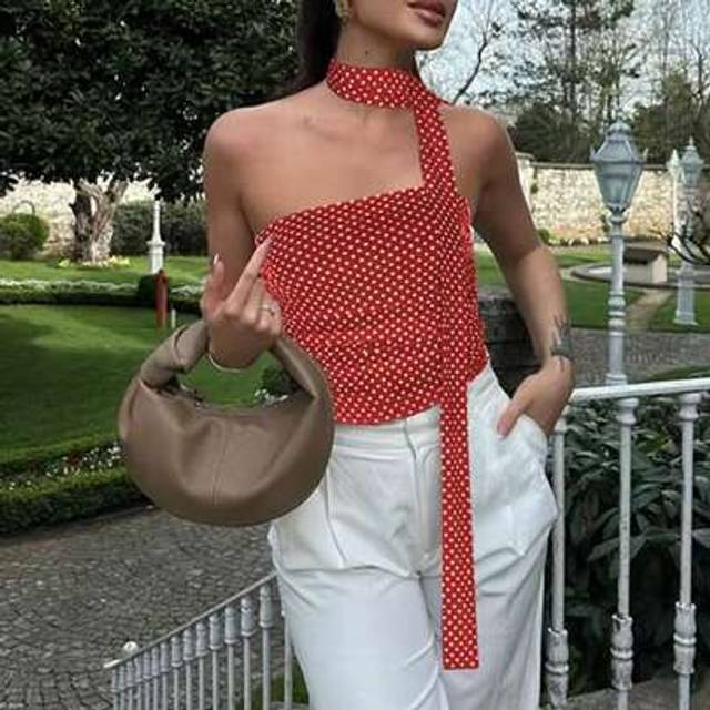 SHEIN Women&#39;s Daily Elegant Polka Dot Long Tie Sleeveless Off-Shoulder Tube Top Knit Y2k Crop With Scarf Strapless Cute Fitted Ruched Bandeau Tank Shirts To