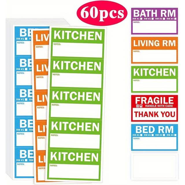 TEMU 60/120pcs Color-coded Removable Home Moving Labels - 3.6 X 2 Inch Fragile Stickers With Checklists For Kitchen, Bathroom, Bedroom & More - No Residue ,