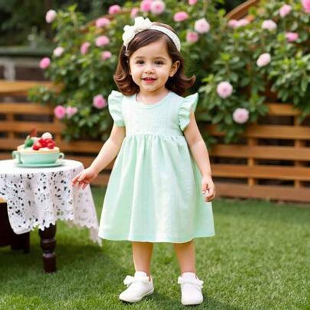 SHEIN Baby/Toddler Girls Green Solid Color Vacation Style Mini Dress With Ruffled Sleeves And Small Round Collar For Summer