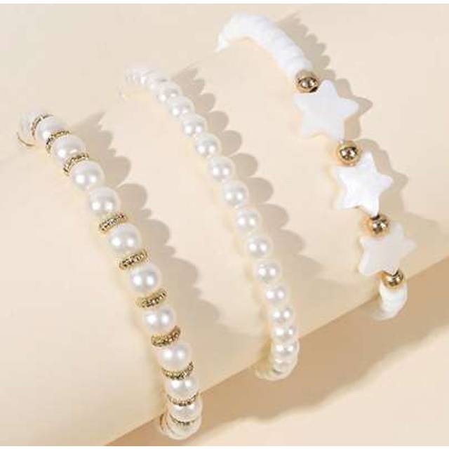 SHEIN 3pcs Girls White Flower Beads Pearl Charm Bracelets, Simple Fashion Casual Everyday Accessories