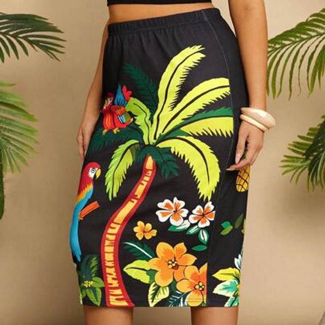 Travachic Plus Size Tropical Plant Coconut Tree & Parrot Print Women&#39;s Pencil Skirt, Leisure & Vacation