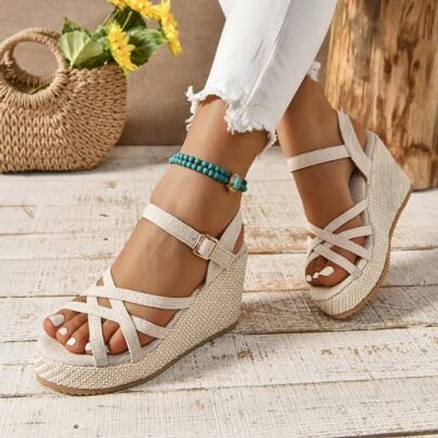 SHEIN Women&#39;s French Style Wedge Sandals, Crossed Straps High Heel Chunky Platform Open Toe Roman Shoes, Summer