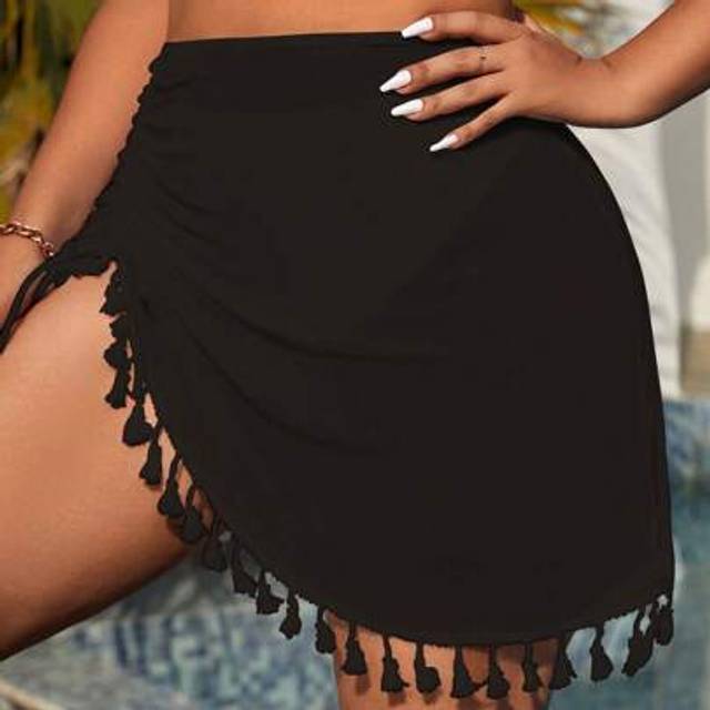 Swim Vcay Plus Size Tassel Trim Drawstring Side Mesh Beach Skirt Summer