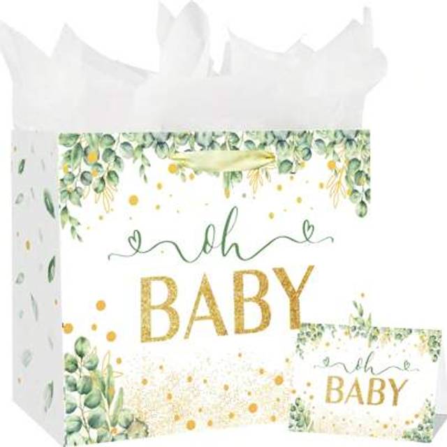 SHEIN 2set-Baby Shower Gift Bag With Paper And Greeting Card (Approx. 11.81in) Oversized Gift Bag, Gray Green Rectangle Large Gift Bag With Handles, Gift Pa