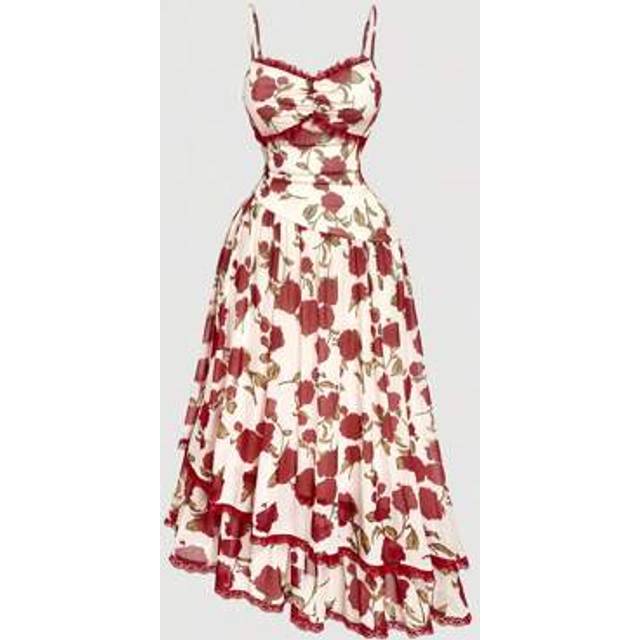 SHEIN Plus Size Vintage Palace Style Spaghetti Strap Lace Waist Layered Ruffle Hem Rose Floral Print Dress. Bridgerton Tea Party Dress. Cute Summer Dress