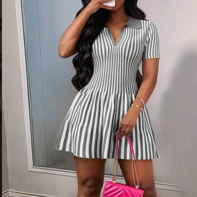 Slaydiva 2025 Summer New Elegant Party & Shopping Refined Polo Collar Striped Sweater Mini Dress