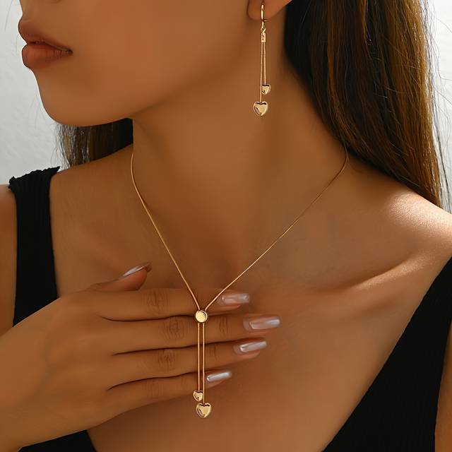 TEMU 2pcs Women's Fashion Simple Adjustable Chain Pendant Necklace Set Snake Bone Thin Chain Heart-shaped Pendant Earrings Dangle Heart Drop Earrings Suitable For Daily And Party Accessories