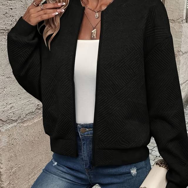 TEMU Women's Casual Zip-up Baseball Jacket - Long Sleeve, Solid Color Black, Textured Polyester With Pockets, Spring/summer/fall, Stylish & Comfortable Outerwear