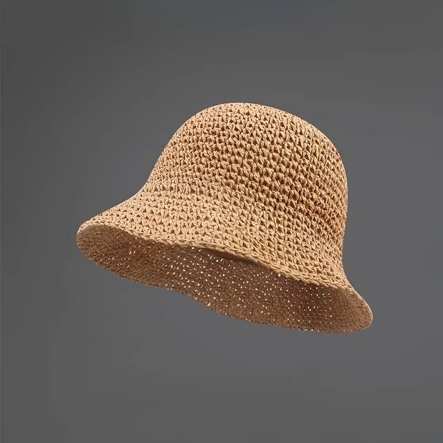 TEMU 1pc Breathable Crochet Straw Bucket Hat For Women - Vintage Style, Wide Brim, Foldable Fisherman Cap, Very Suitable For Summer And Beach