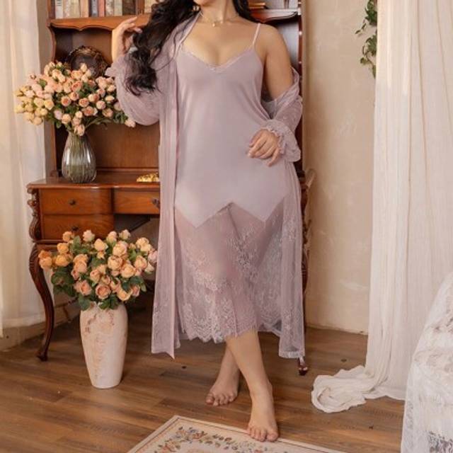 SHEIN Lace Patchwork Sexy Plus Size Knitted Bathrobe