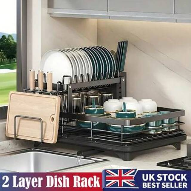 SHEIN 2 Tier Dish Drain Rack Double-Layer Carbon Steel Automatic Drainage With Chopping Board Rack And Chopstick Holder Store 11 Dishes 6 Cups 18 Bowls