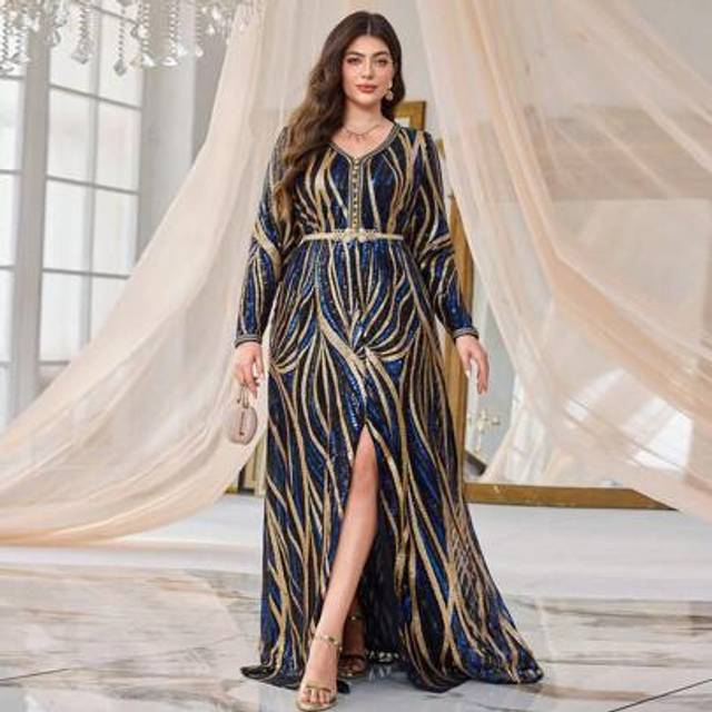 SHEIN Plus Size Elegant Women&#39;s V-Neck Long Sleeve Zebra Stripe Sequin Elegant Party Dress With Detachable Belt